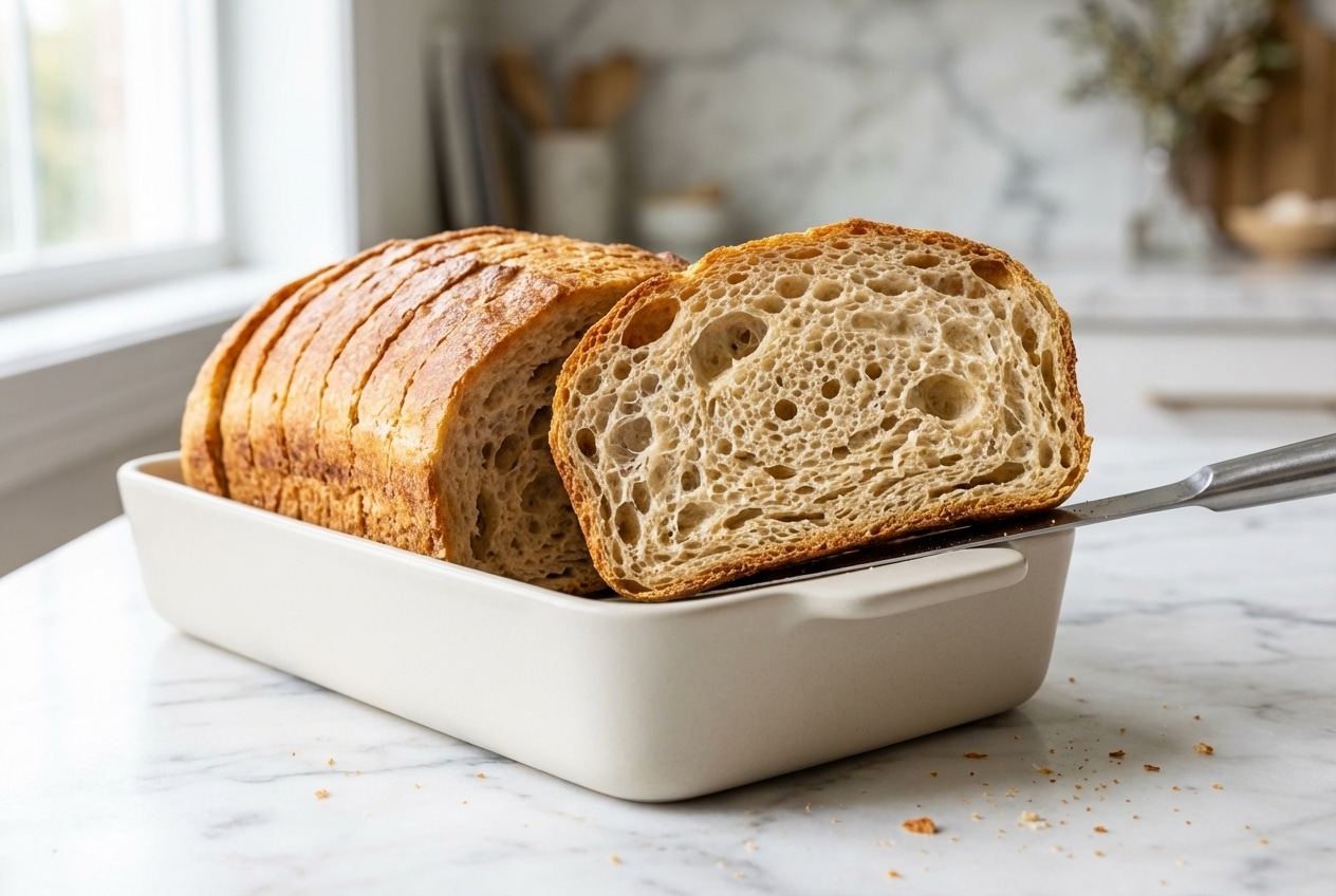 Slices of gluten free bread recipe showing a light, airy crumb structure thanks to the carbonated lift method.