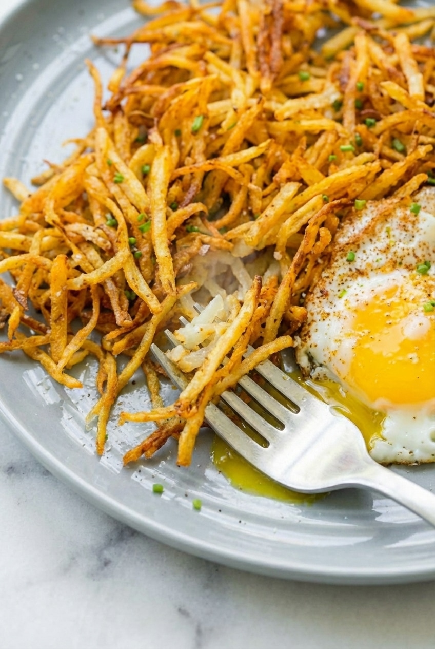 Golden brown air fryer hash browns showing the Maillard reaction from cornstarch dusting.