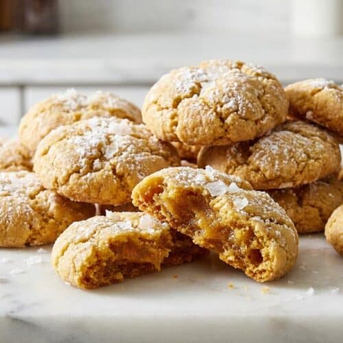Close-up of golden brown Gooey Butter Cookies dusted with confectioners' sugar, showcasing a moist, dense center from the brown butter.