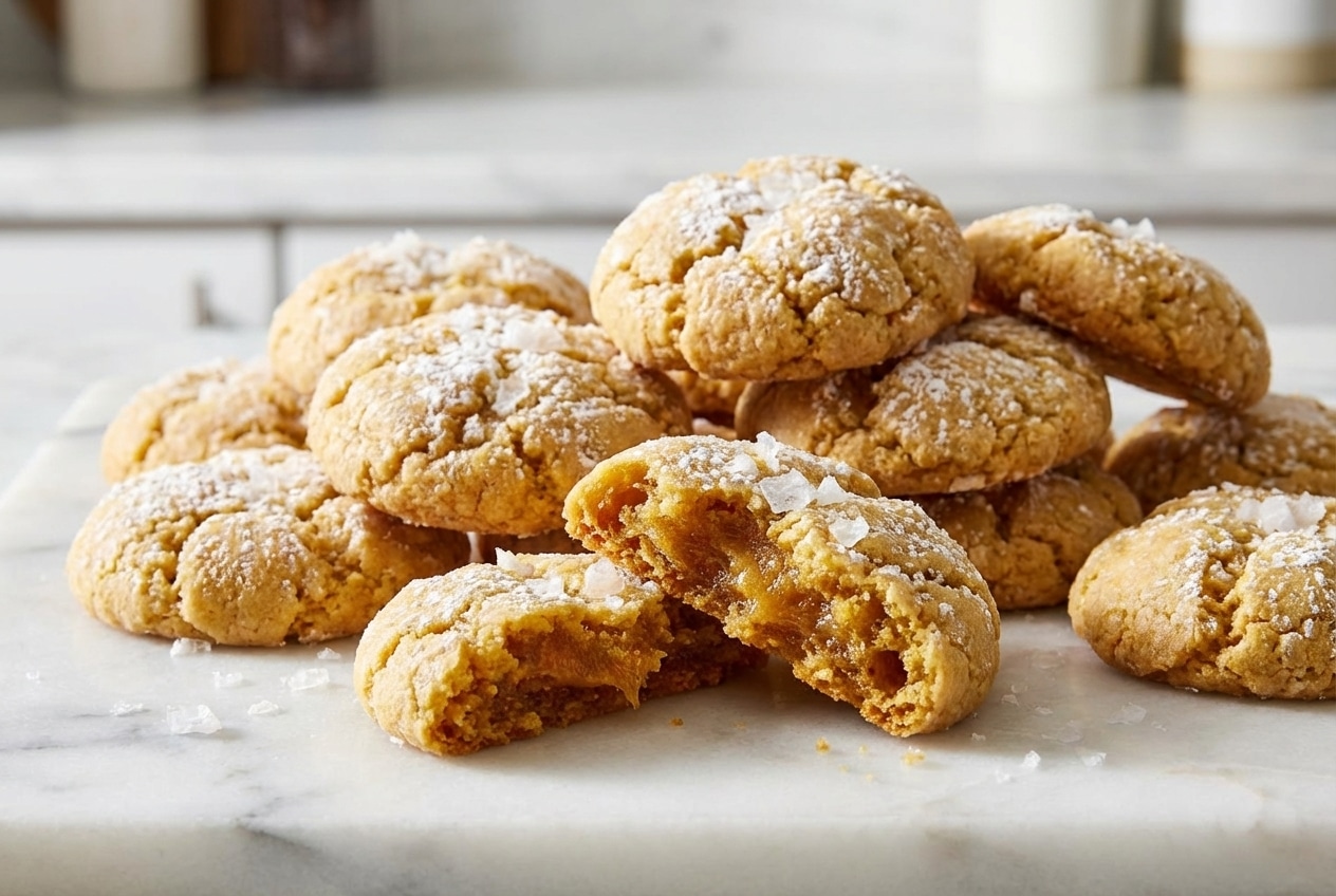 Close-up of golden brown Gooey Butter Cookies dusted with confectioners' sugar, showcasing a moist, dense center from the brown butter.
