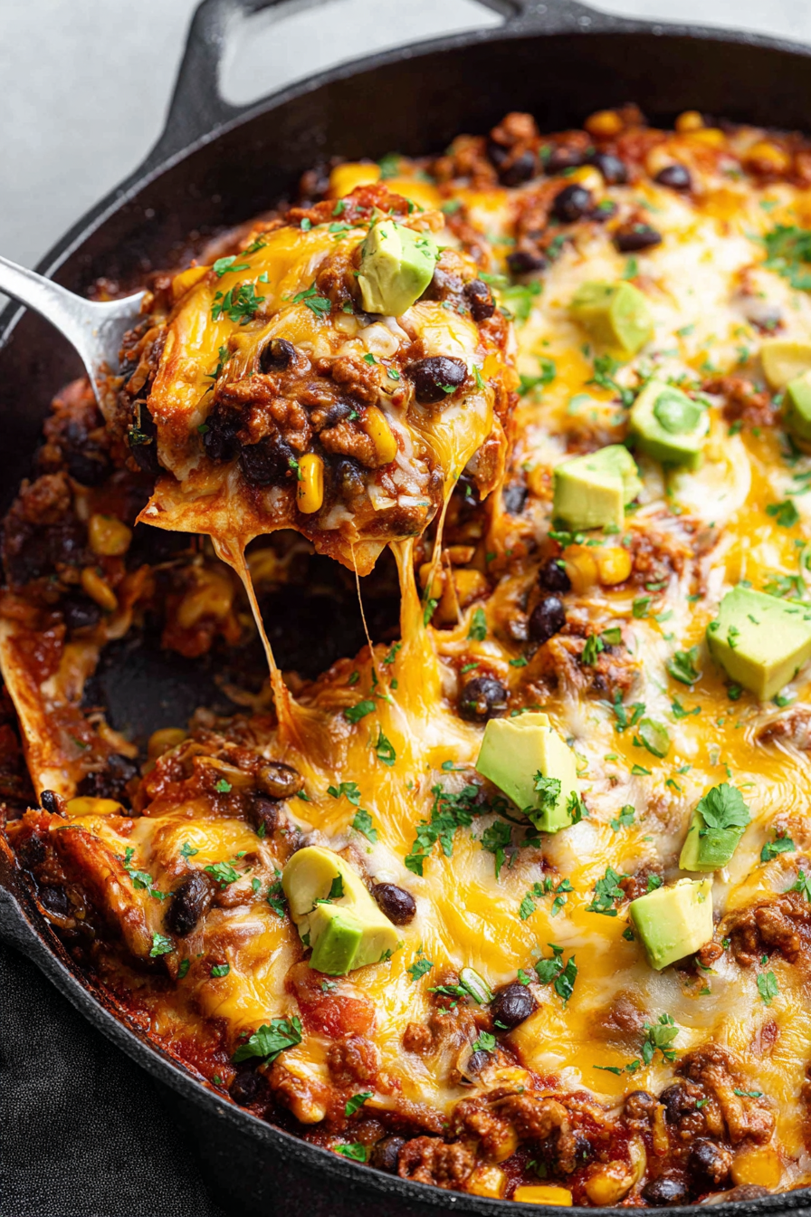 Close-up of a bubbling, cheesy one pan ground beef enchilada skillet, with melted Colby Jack cheese and rich beef filling.