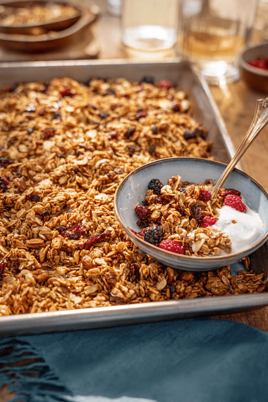 A bowl of orange cardamom granola served with fresh berries and yogurt, presented on a bright, inviting breakfast table.