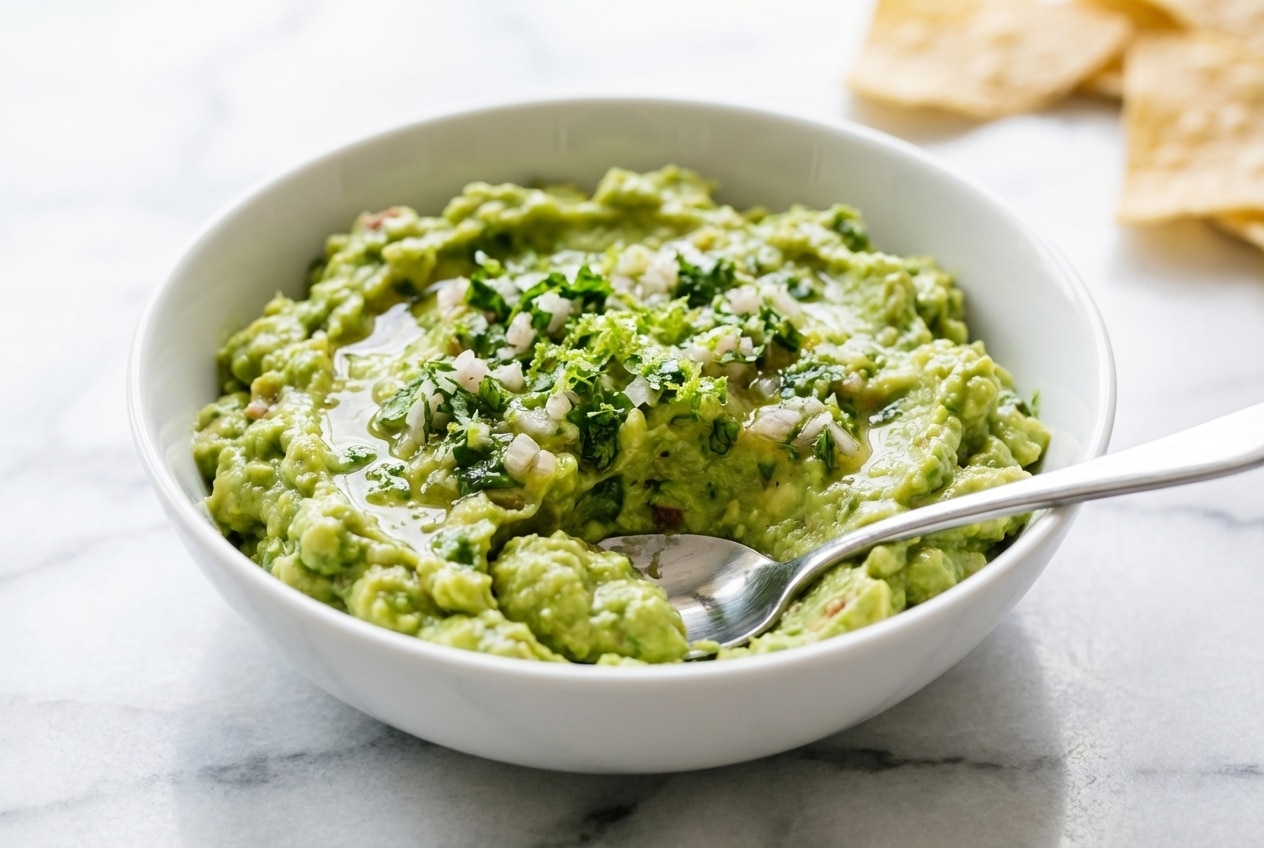 Bright green guacamole recipe in a molcajete, garnished with cilantro and a lime wedge, showcasing the smooth texture from Citrus-Aromatic Maceration.