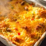 Golden brown Hashbrown Breakfast Casserole with a visible, crispy pre-baked hashbrown crust, filled with eggs, sausage, and melted cheese.