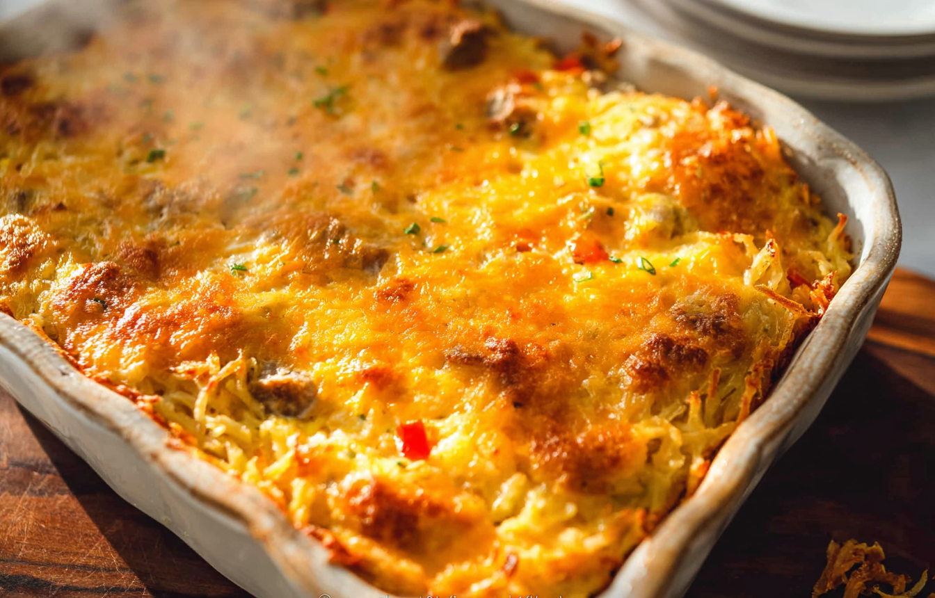 Golden brown Hashbrown Breakfast Casserole with a visible, crispy pre-baked hashbrown crust, filled with eggs, sausage, and melted cheese.