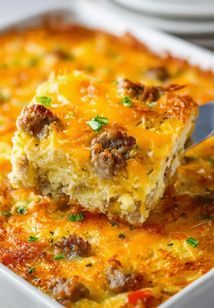Close-up of the Hashbrown Breakfast Casserole interior, showing fluffy eggs, melted cheddar cheese, and tender sausage.
