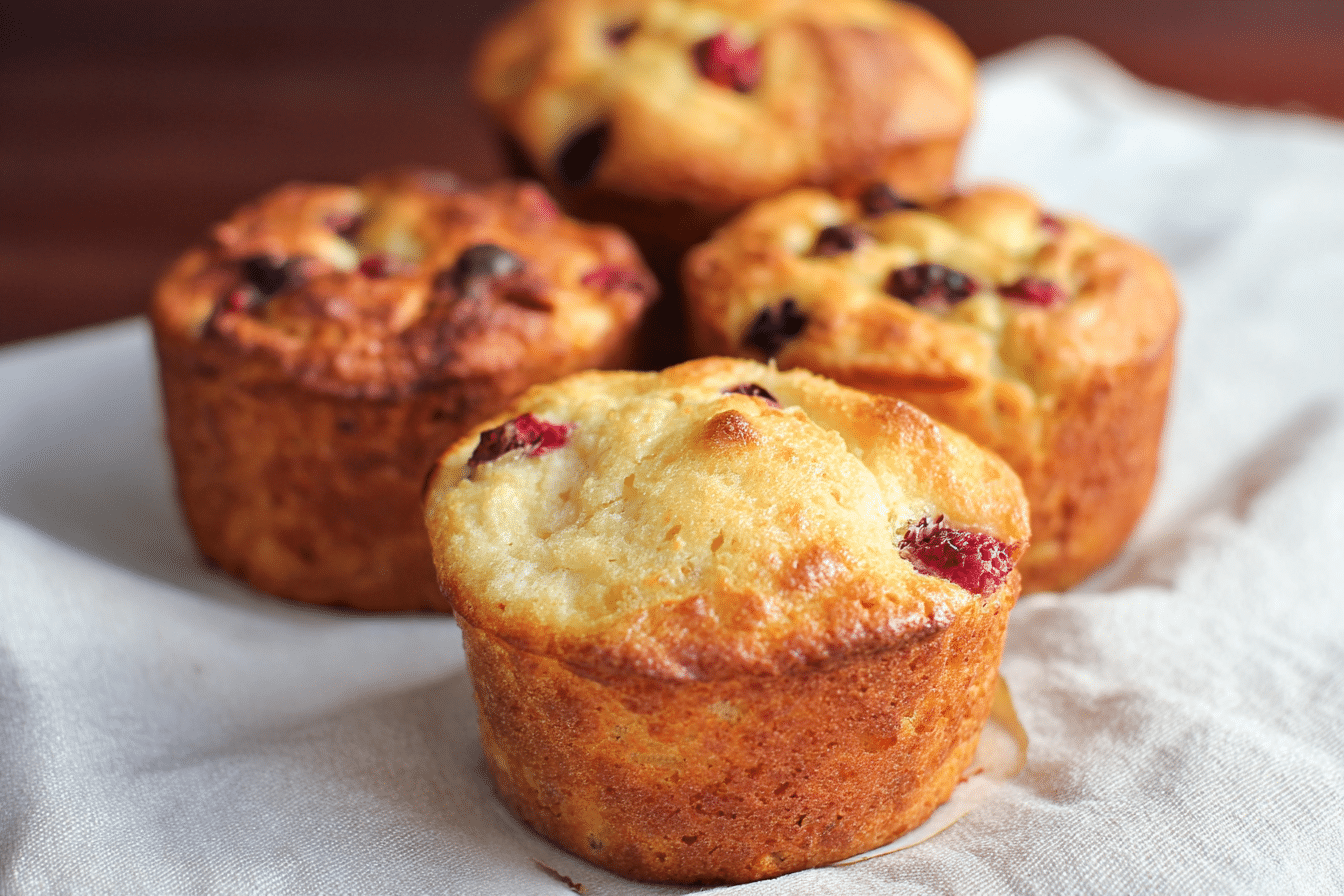 A stack of golden-brown high protein cottage cheese muffins no banana, with fresh berries on top, showing their moist cheesecake-like texture.