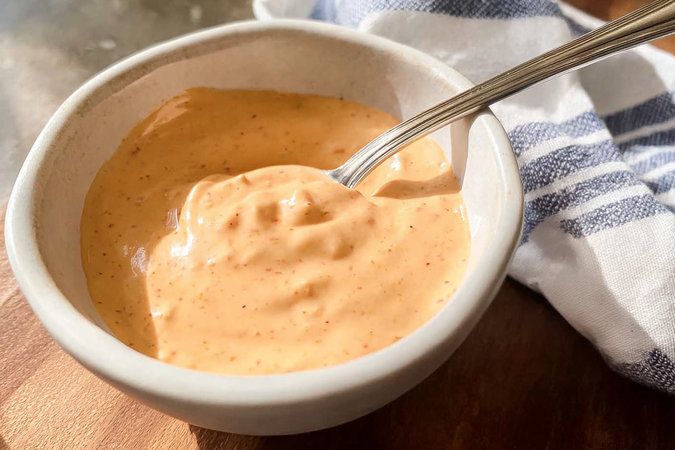 A small white bowl filled with creamy big mac sauce, garnished with fresh parsley, highlighting the smooth texture from finely grated white onion.