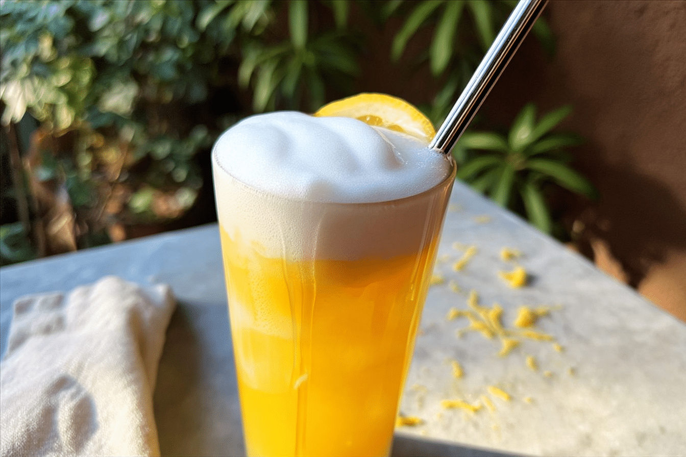A tall glass of golden honey-ginger lemonade with cold foam, garnished with a lemon slice and fresh ginger on a light surface.
