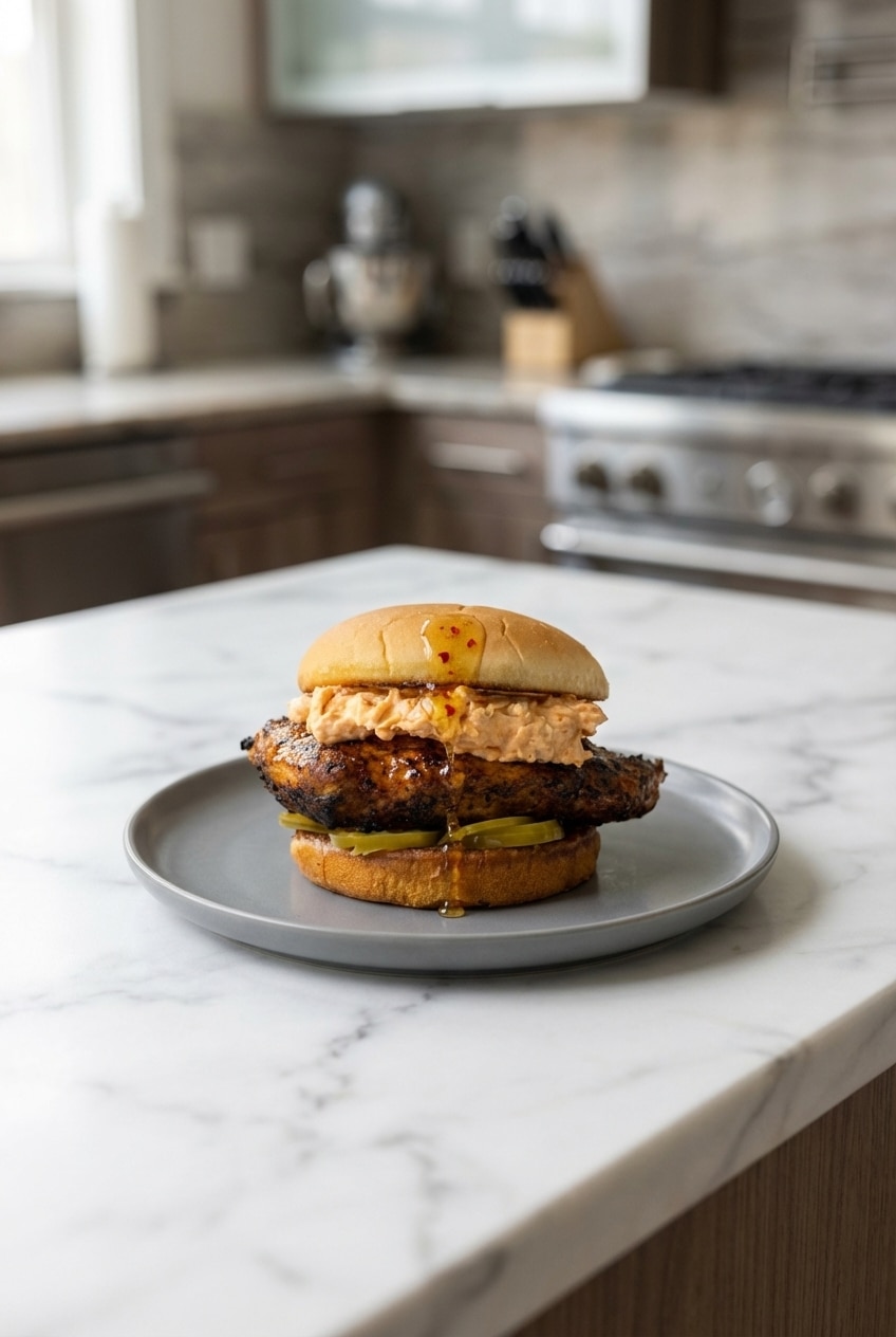 A honey pepper pimento chicken sandwich on a plate, ready to be served, alongside a few pickled jalapeños.