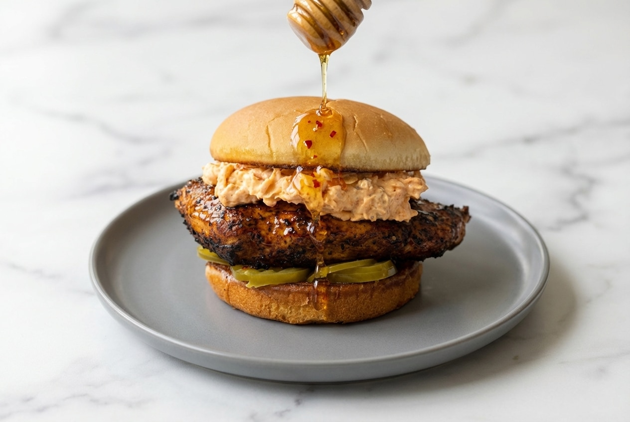 A fried honey pepper pimento chicken sandwich with a golden crispy exterior, featuring a hot honey pickle brine soak and creamy pimento cheese on a potato bun.