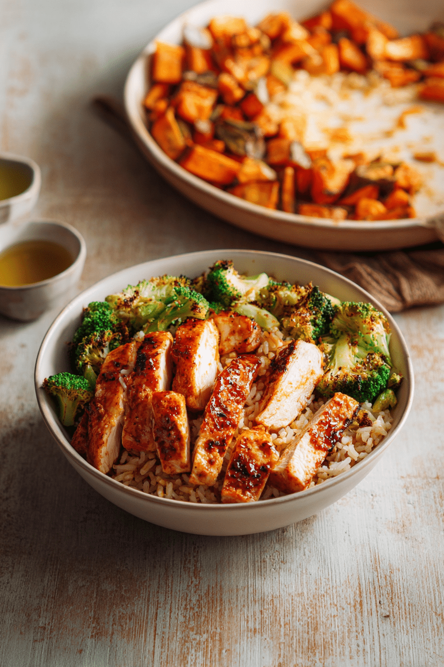 A cozy lifestyle scene of a hot honey cottage cheese chicken rice bowl set on a dinner table, ready to be enjoyed.
