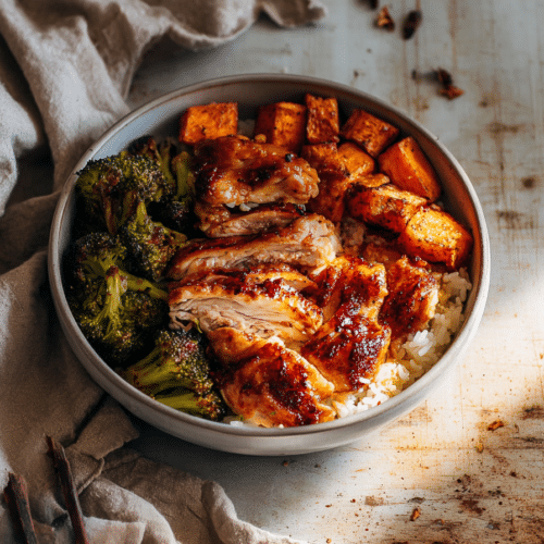 A vibrant hot honey cottage cheese chicken rice bowl showcasing perfectly roasted chicken thighs with a caramelized hot honey glaze.