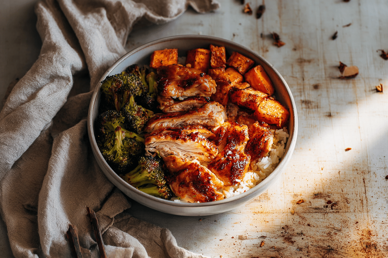 A vibrant hot honey cottage cheese chicken rice bowl showcasing perfectly roasted chicken thighs with a caramelized hot honey glaze.