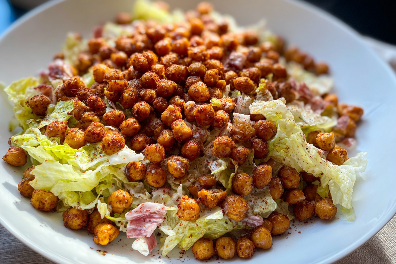 A vibrant iceberg lettuce salad with golden, air-fried crispy chickpeas and a creamy dressing, presented in a large serving bowl.