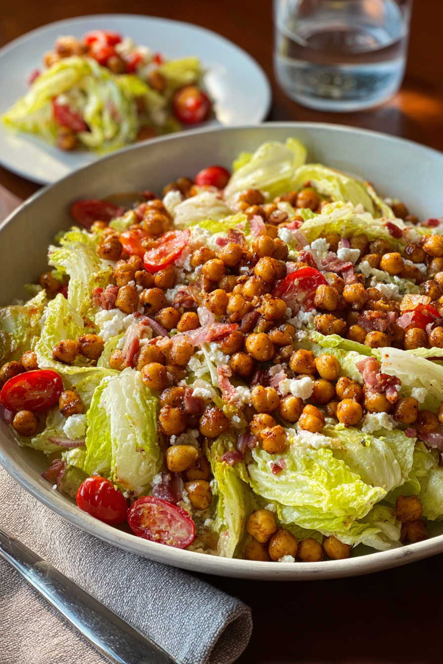 A vibrant iceberg lettuce salad with crispy chickpeas served in a rustic bowl on a wooden dining table, ready for a casual meal.