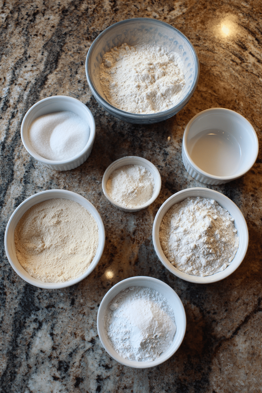 Overhead view of raw ingredients for a french bread recipe, including bread flour, active dry yeast, and a small measuring spoon with diastatic malt powder.