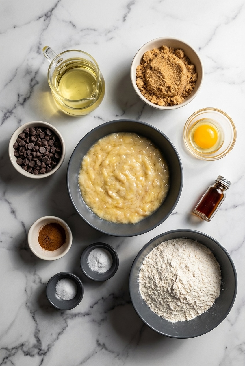 A flat lay of raw ingredients for banana chocolate chip cookies, including overripe bananas, semi-sweet chocolate chips, and all-purpose flour.