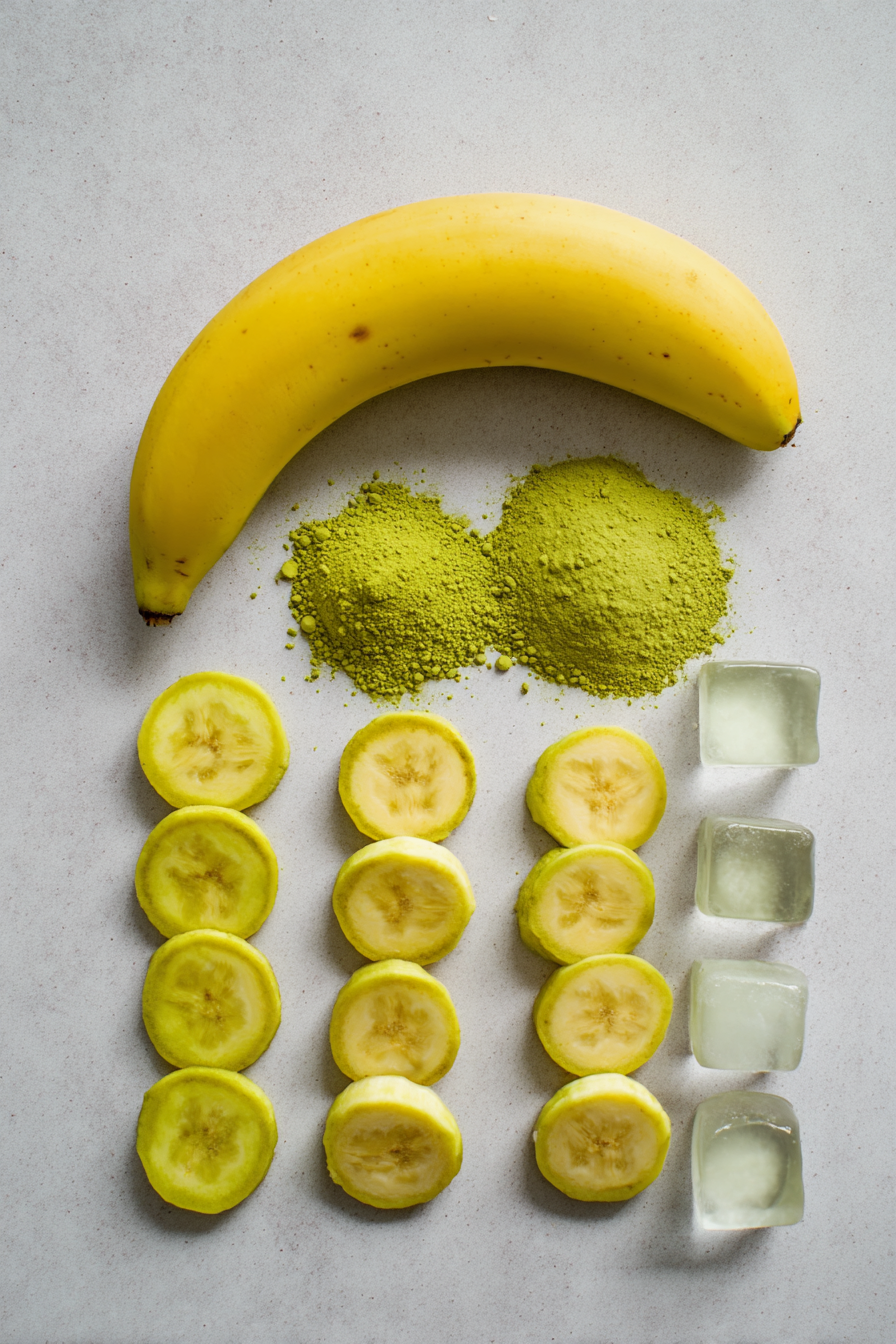 Flat lay of raw ingredients for a Banana Matcha Latte, featuring green matcha powder, ripe bananas, and a carton of plant-based milk.