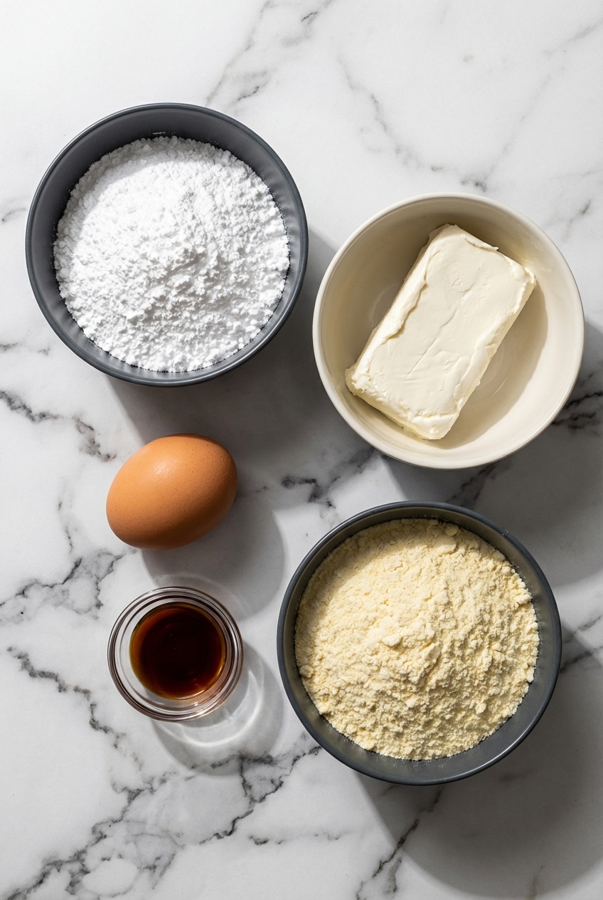 Overhead view of raw ingredients for Gooey Butter Cookies, including yellow cake mix, cream cheese, unsalted butter, and confectioners' sugar.