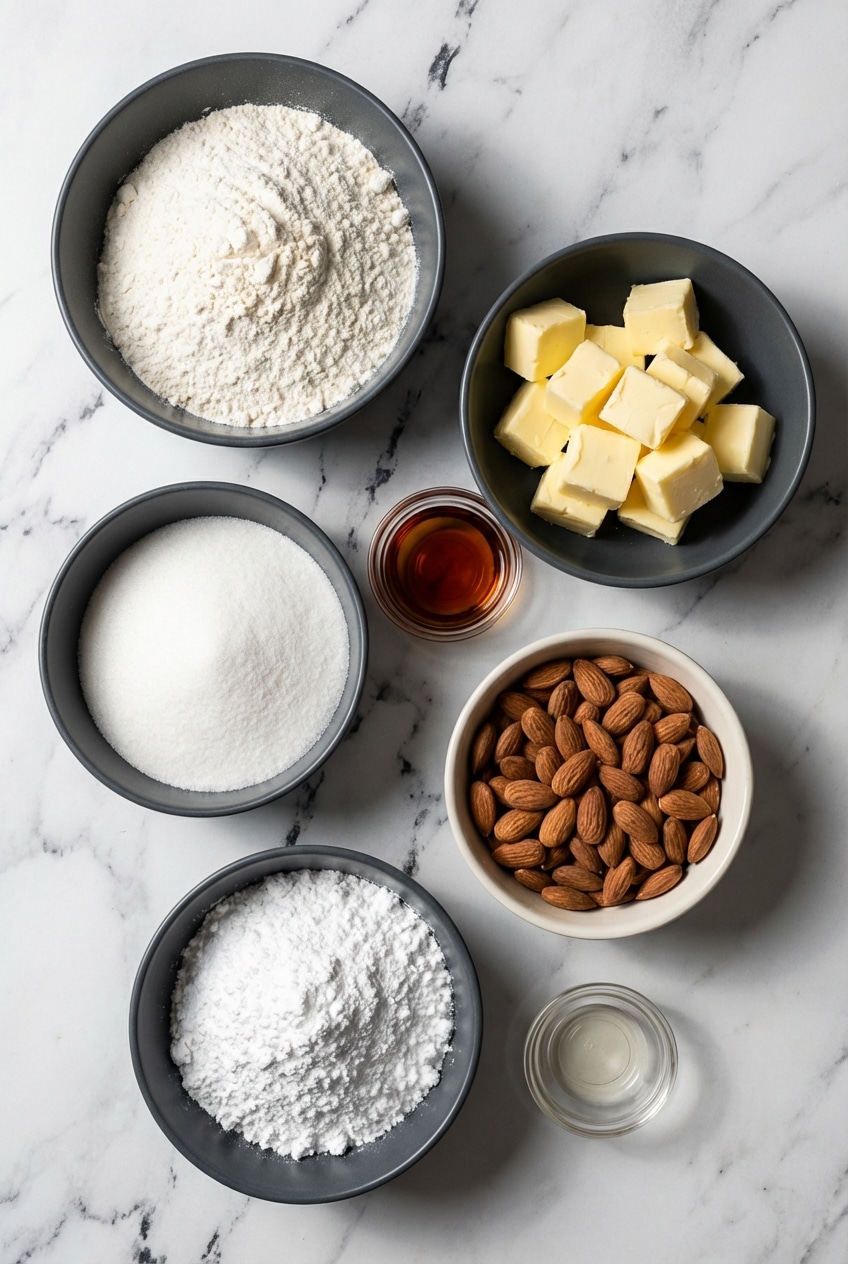 An overhead flat lay of raw ingredients for italian wedding cookies, including unsalted butter, all-purpose flour, confectioners' sugar, and almond extract on a wooden surface.