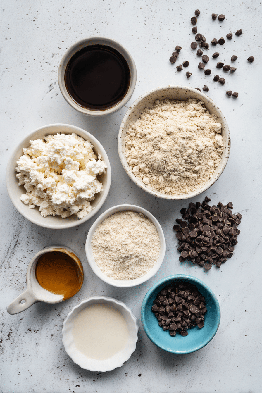 Overhead flat lay of edible cottage cheese cookie dough ingredients including cottage cheese, chocolate chips, maple syrup, and almond flour.