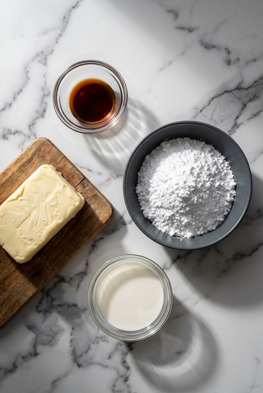 A flat lay of raw ingredients for butter cream frosting, including confectioners' sugar, unsalted butter, pure vanilla extract, and a bowl of fine sea salt and meringue powder.