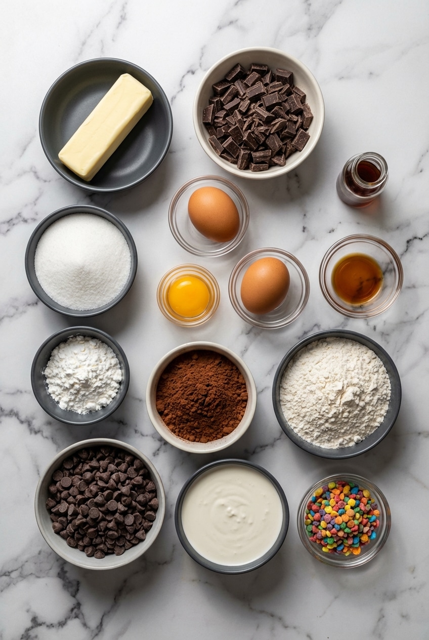Overhead view of raw ingredients for copycat cosmic brownies, including Dutch-process cocoa, semi-sweet chocolate chips, and espresso powder.