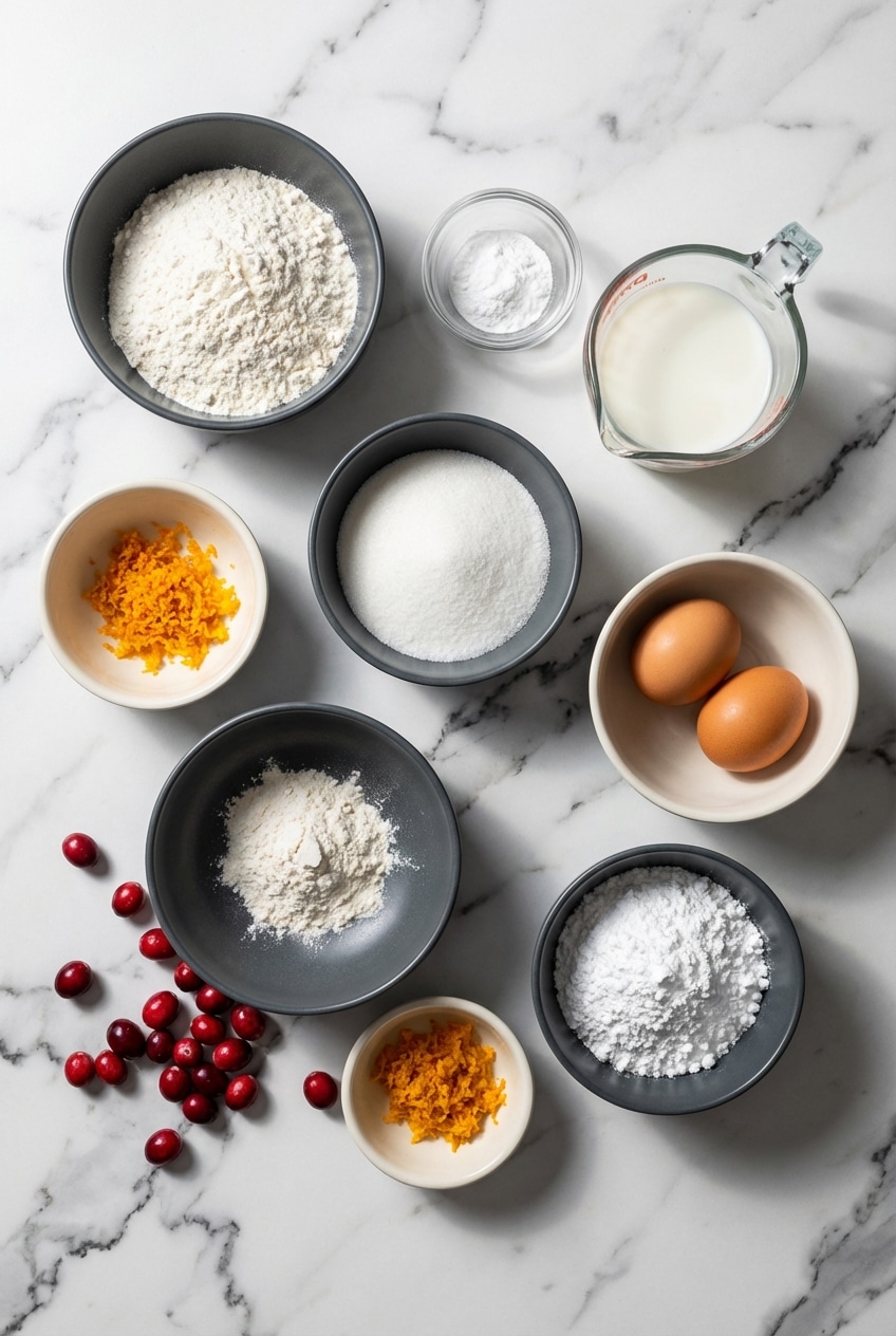 A flat lay displaying ingredients for cranberry orange bread, including fresh cranberries, orange zest, all-purpose flour, and a stick of butter.