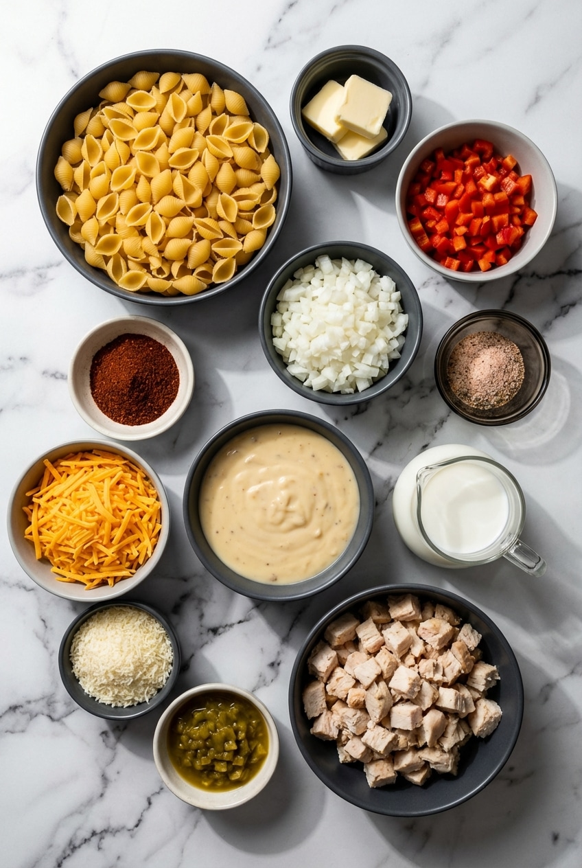 Raw ingredients for cheesy chicken casserole featuring cavatappi pasta, rotisserie chicken, and sharp cheddar cheese.