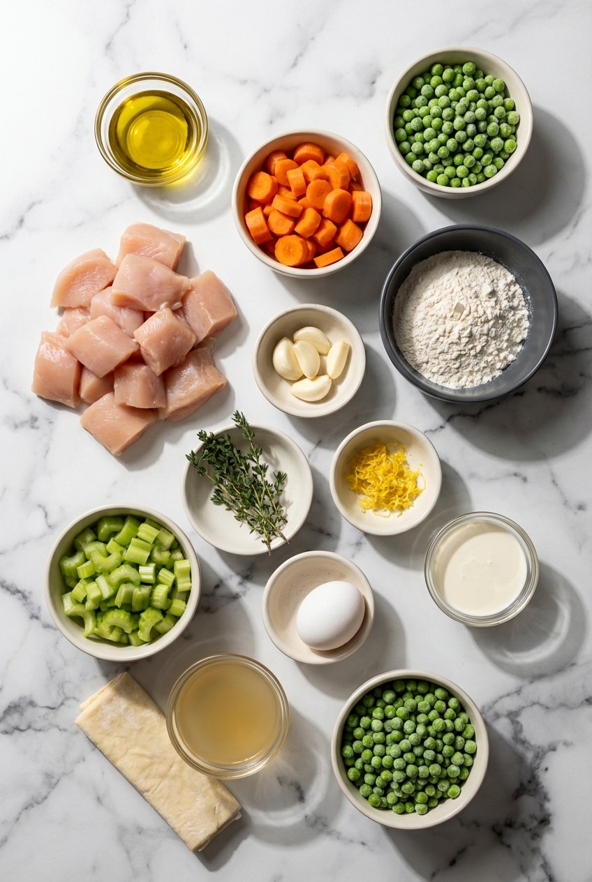 Overhead shot of raw ingredients for a Chicken Pot Pie Recipe, including fresh chicken thighs, mirepoix vegetables, and a block of puff pastry.