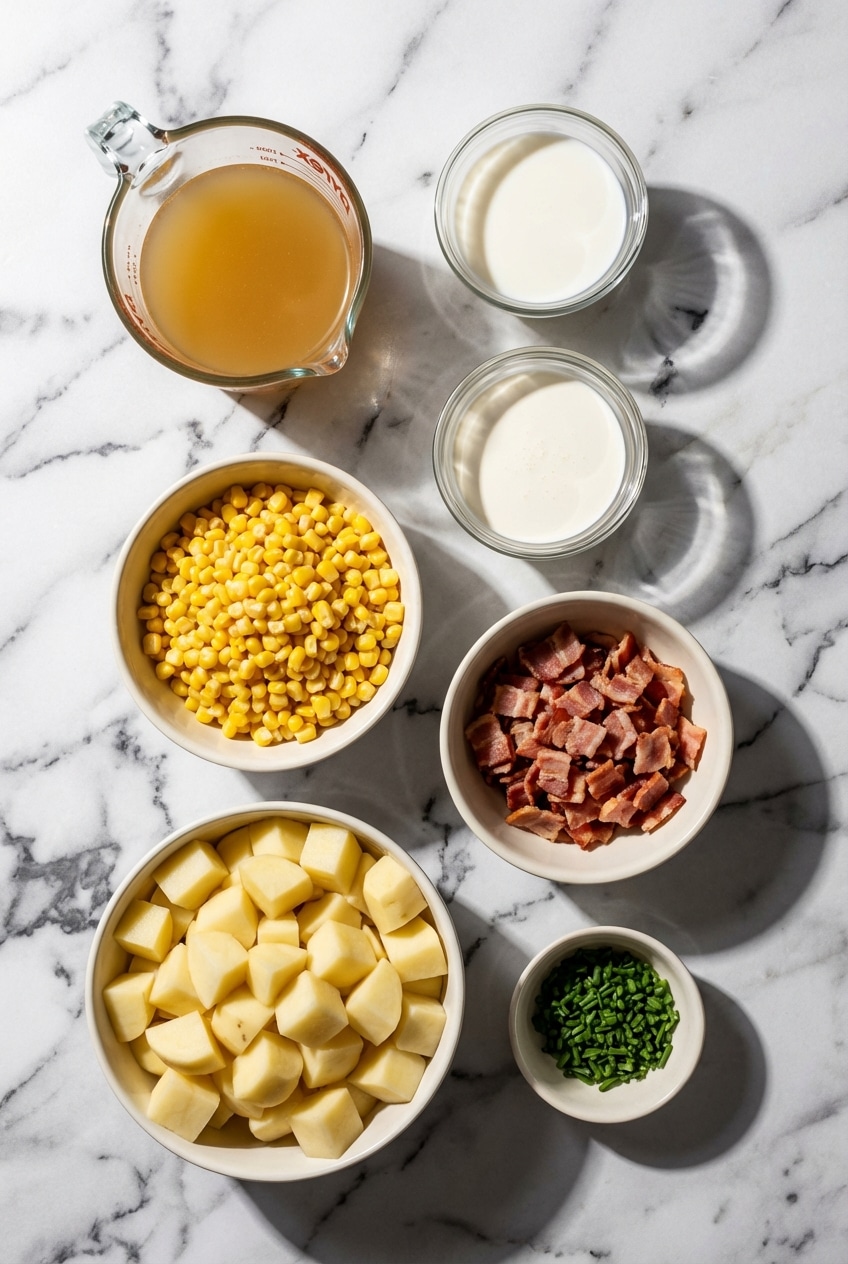 Overhead view of fresh ingredients for corn chowder recipe, including corn kernels, Yukon Gold potatoes, heavy cream, and a block of miso.