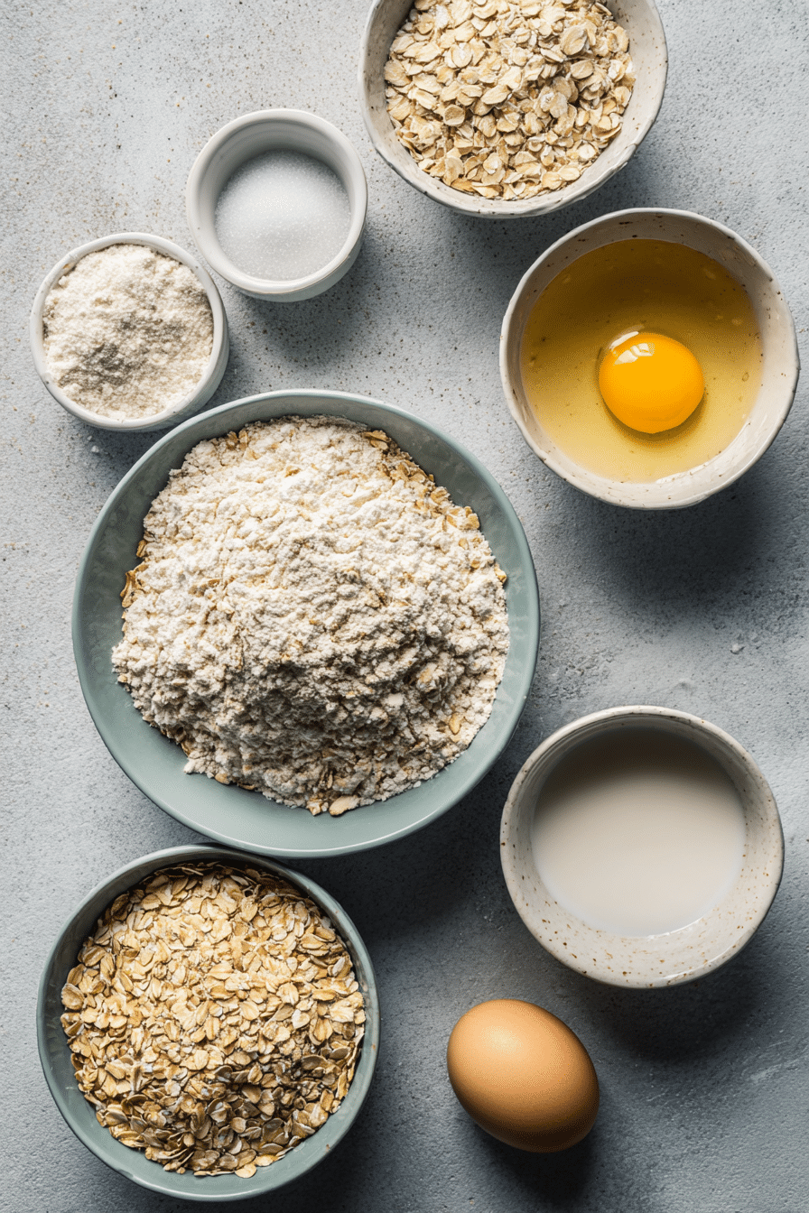 Overhead view of raw ingredients for pancake mix including all-purpose flour, malted milk powder, leavening agent, and brown sugar on a wooden surface.