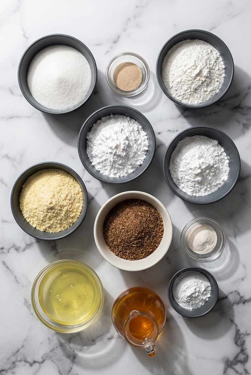 Overhead view of ingredients for gluten free bread recipe, including psyllium husk, tapioca starch, and a bottle of sparkling water.