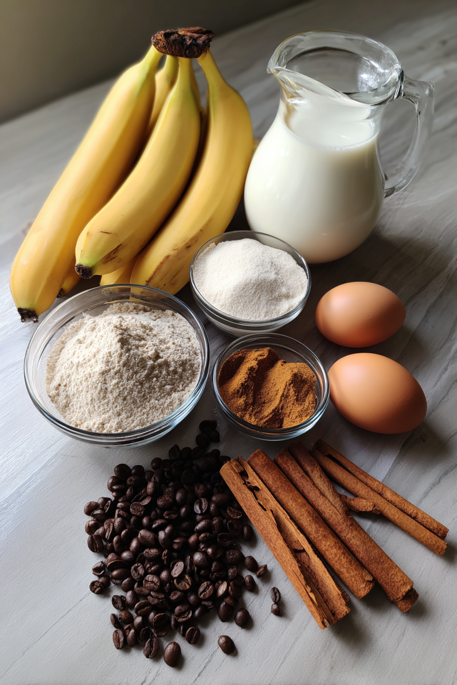 A flat lay of fresh ingredients for a homemade banana bread iced latte, including ripe bananas, cinnamon sticks, brown sugar, milk, and coffee.