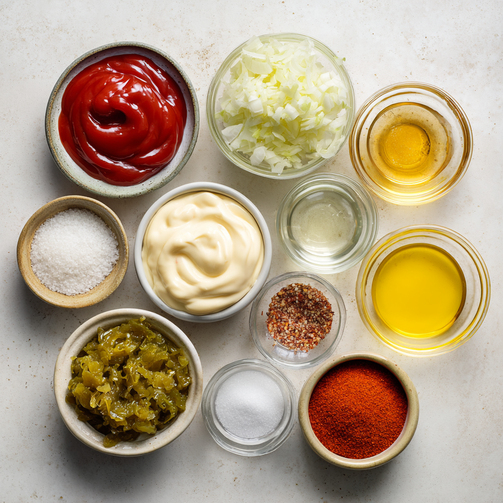 A flat lay of ingredients for big mac sauce, including mayonnaise, yellow mustard, dill pickle relish, and a bowl of grated white onion.