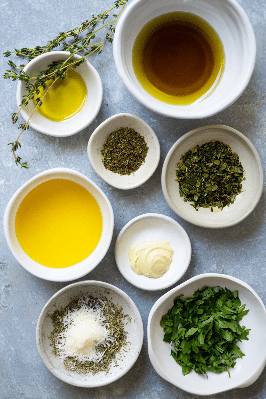 Flat lay of fresh herbs, extra-virgin olive oil, white wine vinegar, and spices, ready for an italian dressing recipe.