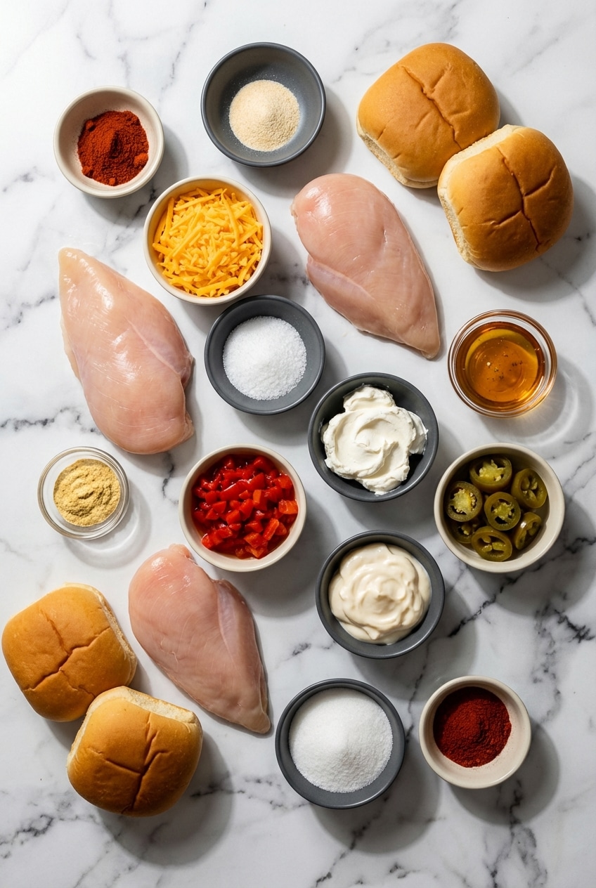 A flat lay of raw ingredients for honey pepper pimento chicken sandwich, including chicken breast fillets, sharp cheddar cheese, pickled jalapeños, and a jar of pickle brine.