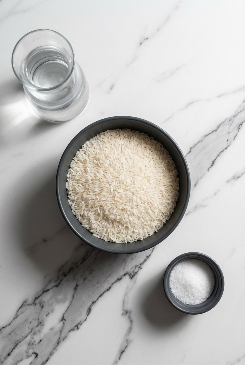 Raw Thai Jasmine rice, water, and toasted sesame oil arranged for the Instant Pot Jasmine Rice recipe.
