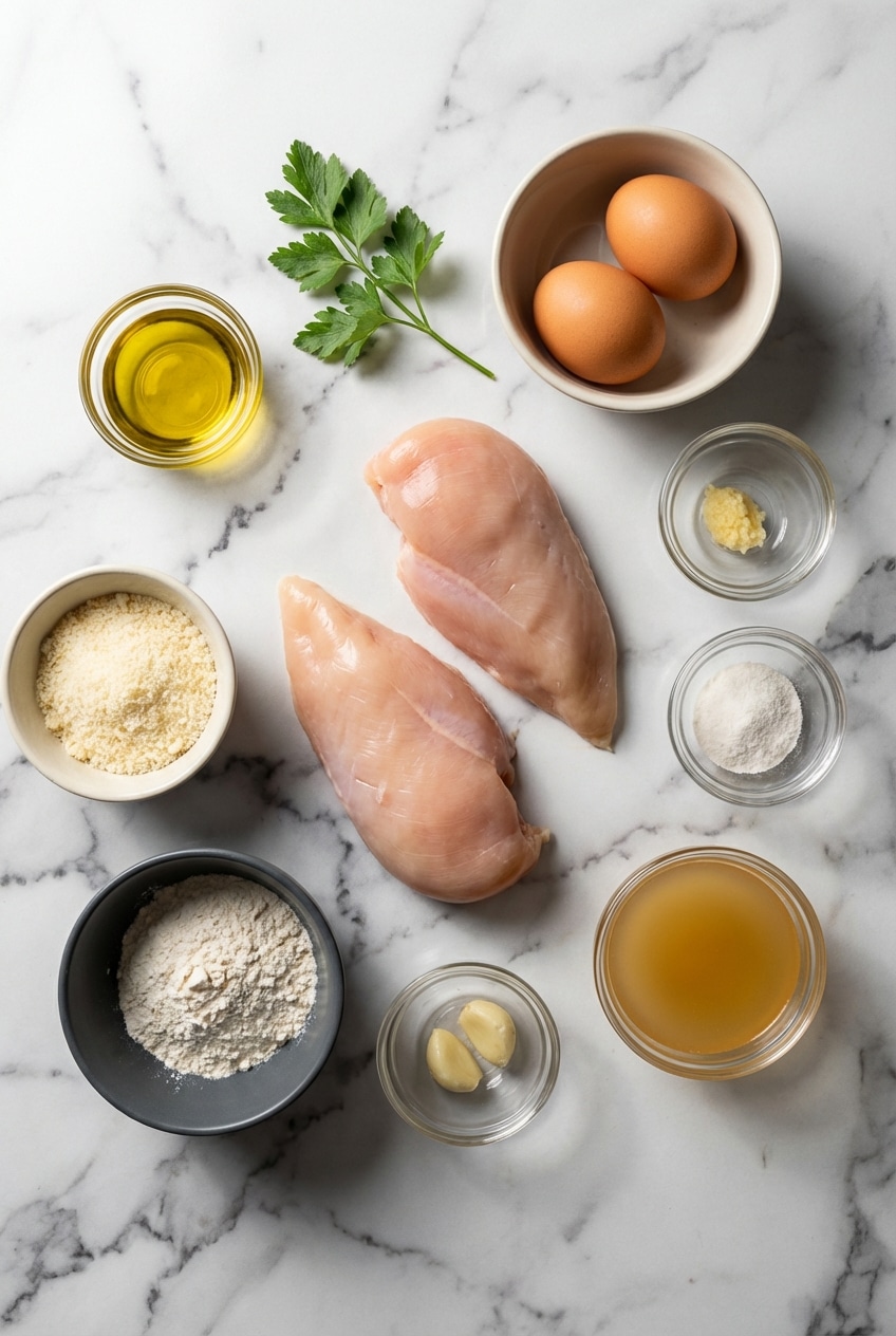 Overhead view of fresh ingredients for a lemon chicken recipe, including raw chicken cutlets, bright lemons, and fresh herbs.