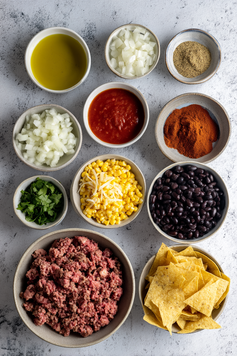Raw ingredients for a one pan ground beef enchilada skillet, including ground beef, corn tortillas, cheese, black beans, and chili powder.
