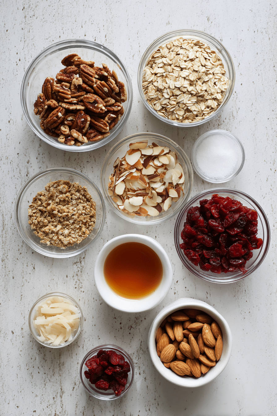 A flat lay of granola ingredients including old-fashioned oats, various nuts, dried cranberries, orange, and spices, ready for mixing.