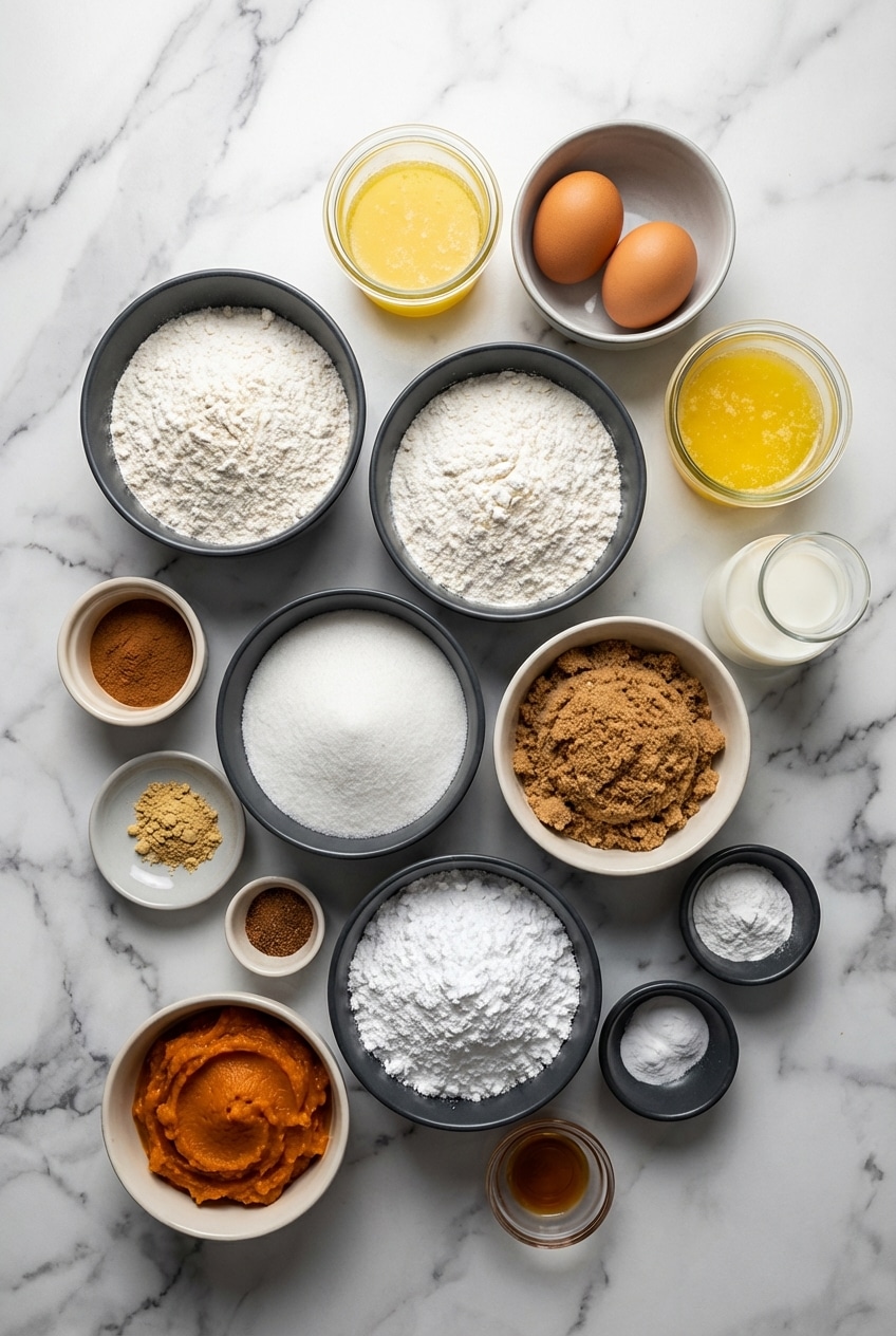 Overhead view of Pumpkin Cinnamon Roll Muffins ingredients like pumpkin puree, cake flour, and brown butter.