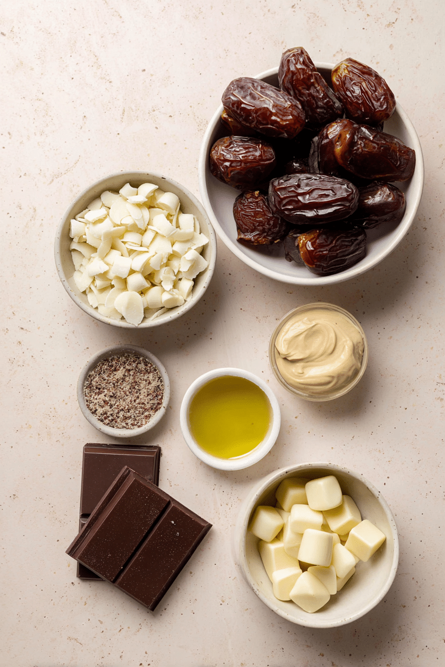 Raw Medjool dates, various tahini types, white chocolate chips, and unsweetened chocolate laid out to make snickers date bark with tahini.