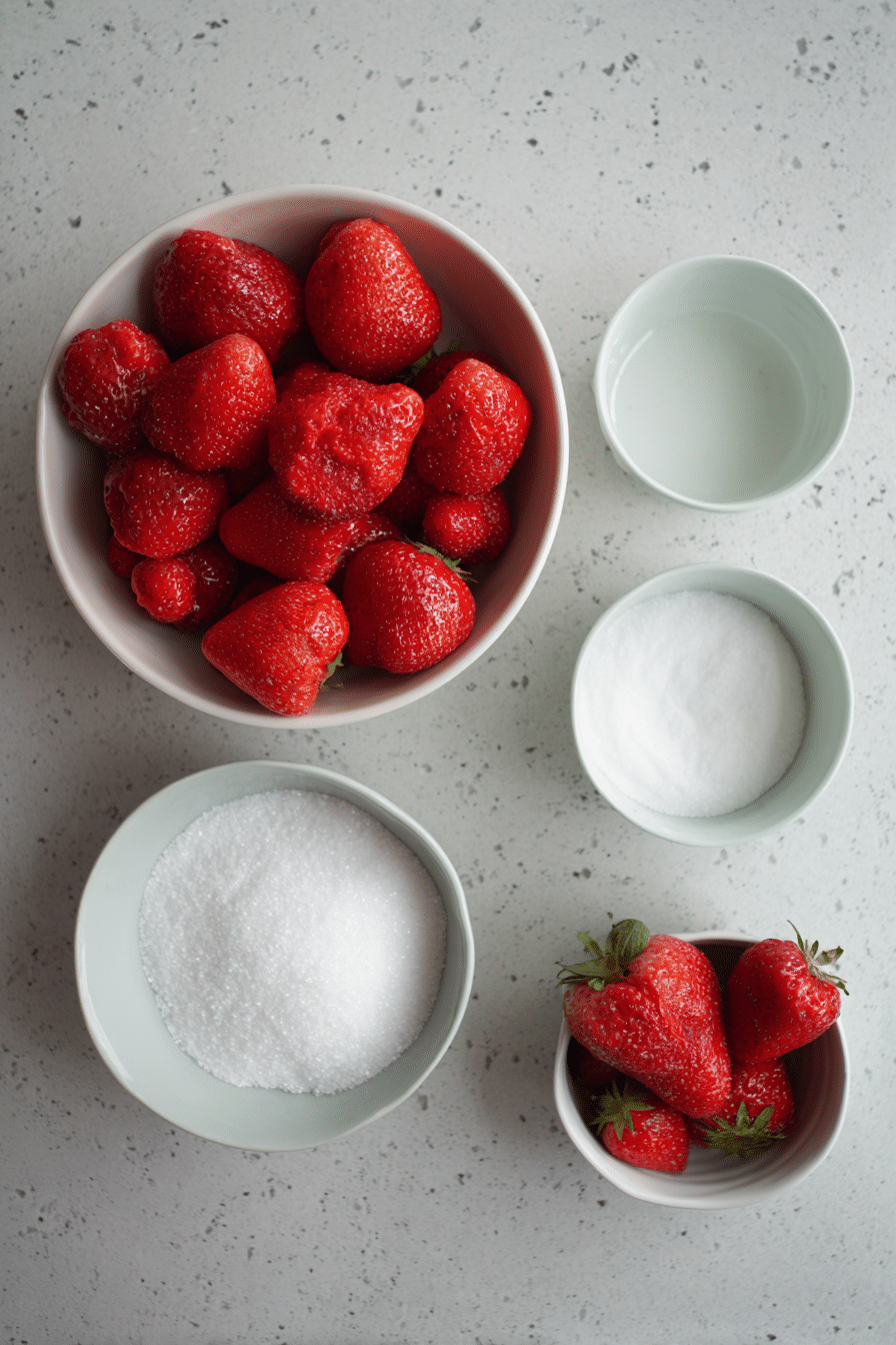 Overhead view of raw ingredients for strawberry tanghulu without corn syrup, showing fresh strawberries, caster sugar, and a small bottle of lemon juice.