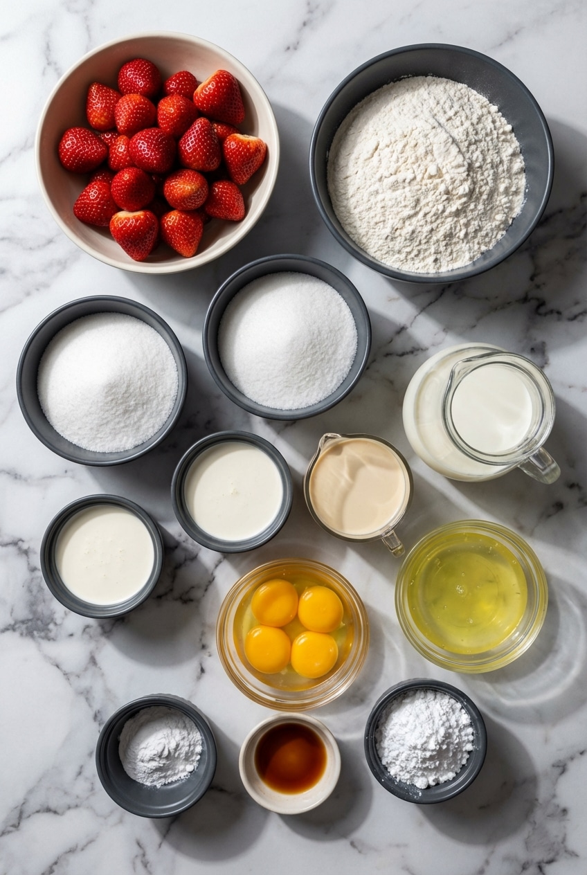 A flat lay of ingredients for strawberry tres leches cake, including bowls of flour, sugar, evaporated milk, sweetened condensed milk, and fresh strawberries.