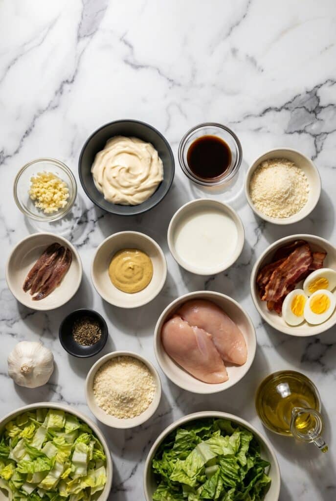 Overhead flat lay of cesar salad recipe ingredients: fresh romaine lettuce, a block of Parmigiano-Reggiano, bright lemons, anchovy fillets, and bread for Umami-Crusted Miso Croutons.
