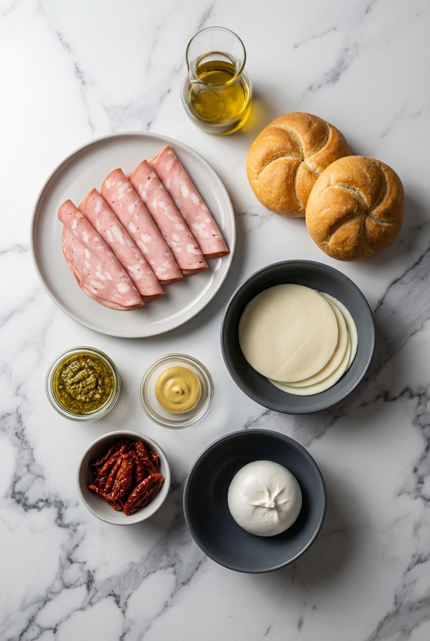 Overhead flat lay of fresh ingredients for a mortadella sandwich, including creamy ricotta, a Kaiser roll, mortadella slices, and whole peppercorns.
