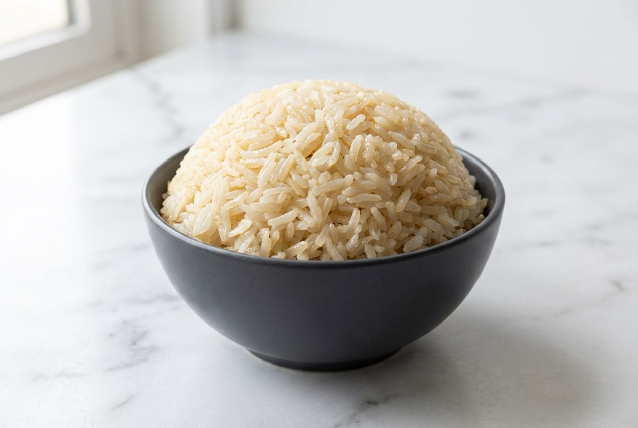 Fluffy Instant Pot Jasmine Rice toasted in sesame oil for an aromatic, nutty finish in a white bowl.