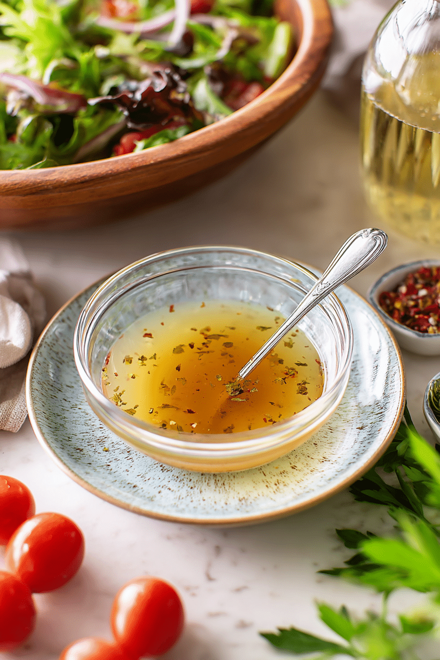 A rustic salad bowl topped with green leaves and Italian dressing, ready to be served.
